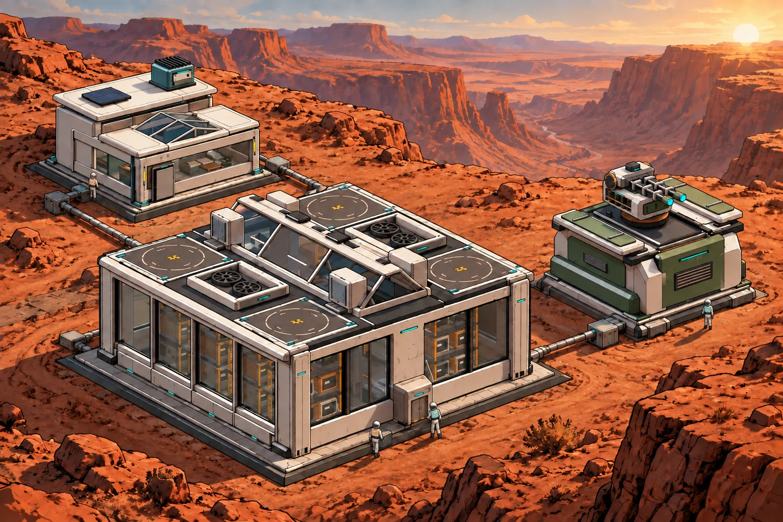 Comic illustration of colonists beside a Basic Habitat, Warehouse and Sunlance Laser on a canyon plateau, showing their scale