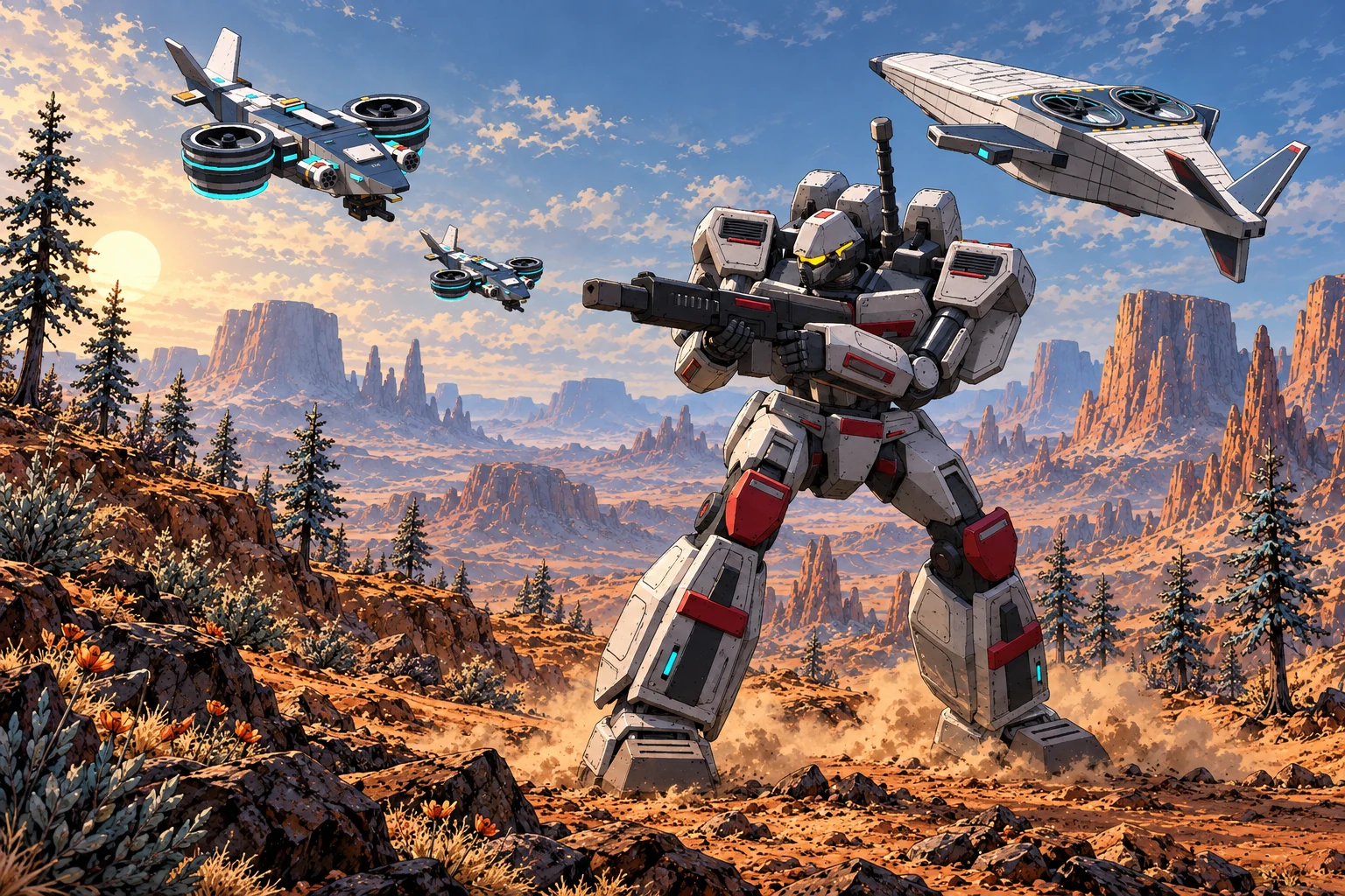 Two Hornet gunships and a Condor bomber fly above a Hunchback combat robot aiming its cannon across the Oxide Highlands