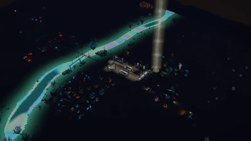 A settlement beside a glowing river