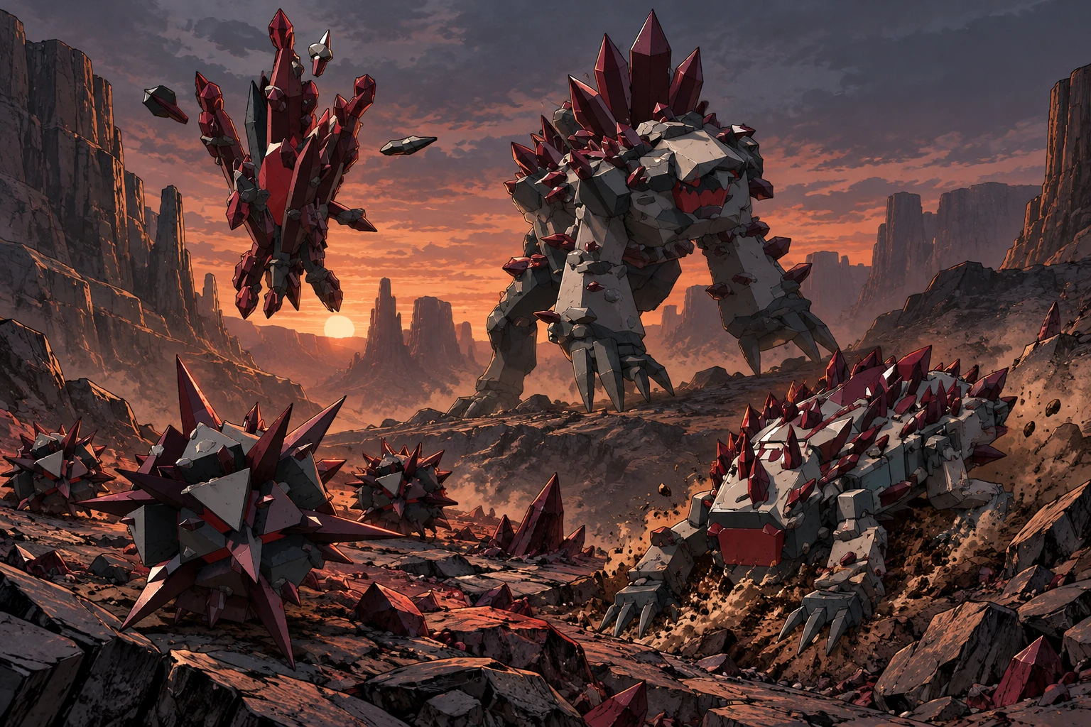 Comic illustration of Volvite crystal spheres, a floating Fulgurite, a towering Dolerite and a low Fossorite digging through rock