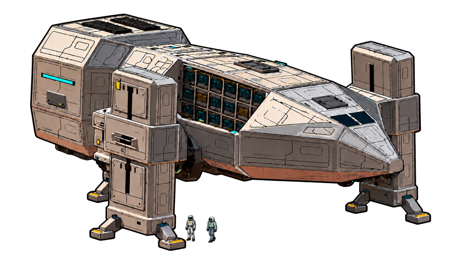 Illustrated industrial dropship with colonists for scale