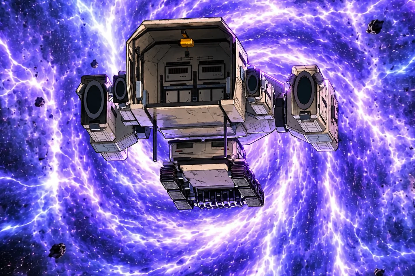 The Red Sol dropship and its miner being pulled into the wormhole