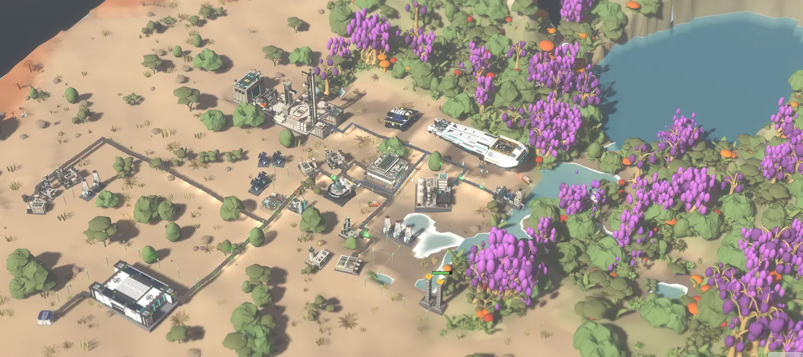 A RED SOL colony on a lake shore, surrounded by violet-canopied forest, with the colony ship at its centre