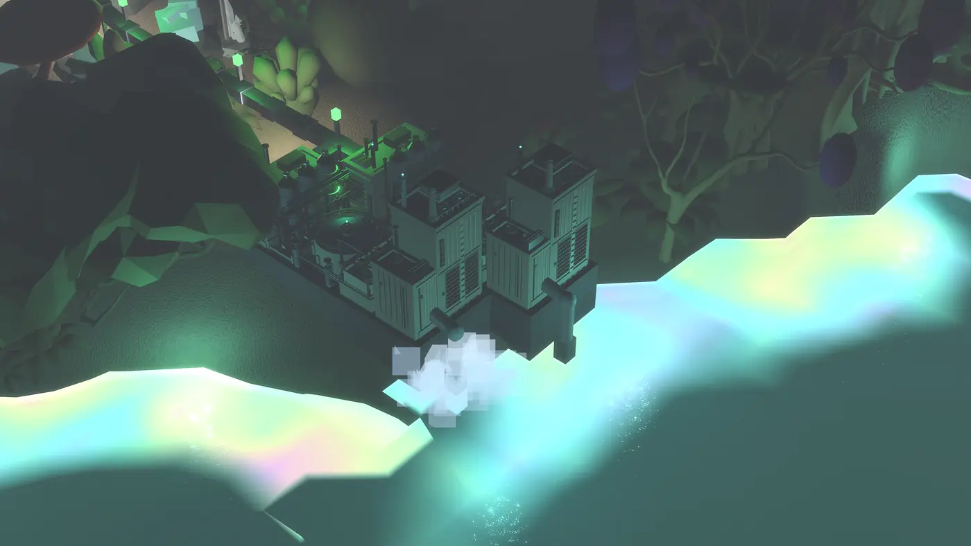 Industry on the edge of a luminous aurora-coloured lake