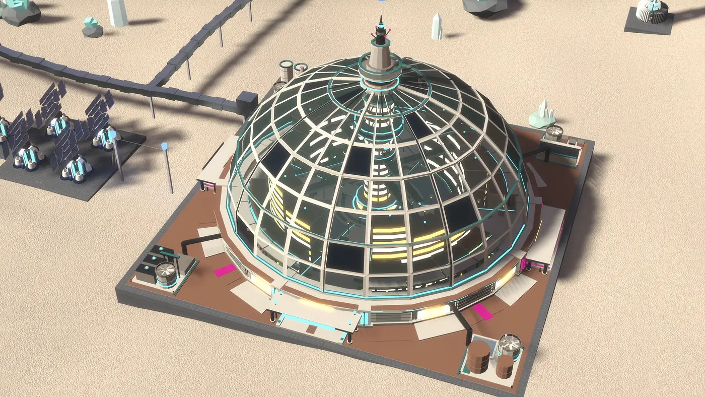 A glass biodome lit from within, ringed by solar arrays