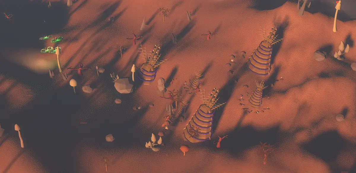 A red canyon biome with banded spiral flora at dusk
