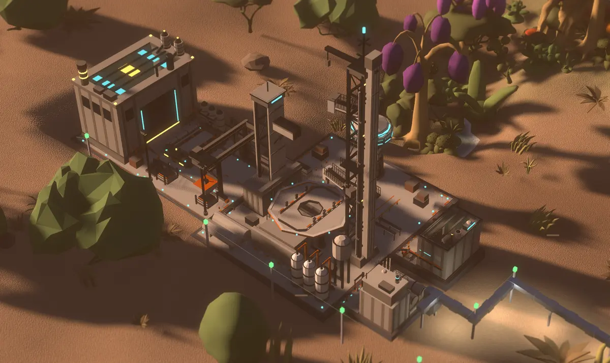 An industrial refinery with its processing tower, tanks and conveyor taps