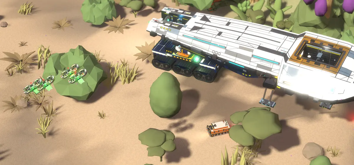 The colony ship landed among alien trees, with rovers and defence emplacements deployed around it