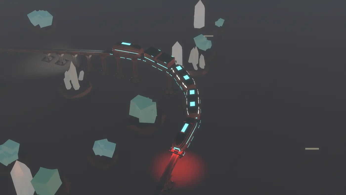 A maglev train running its line through the night