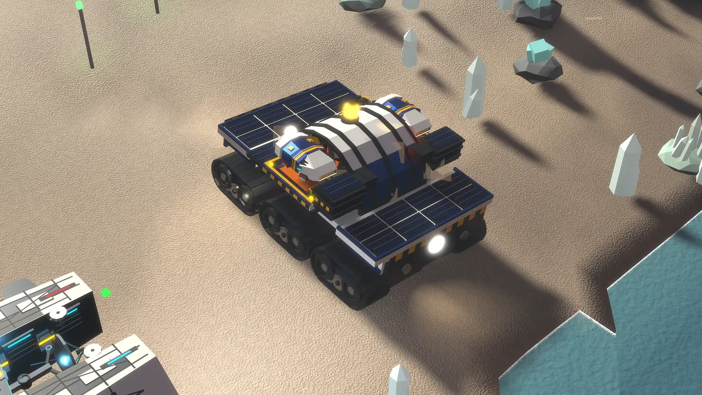 A solar-panelled rover crossing the sand past a water plant