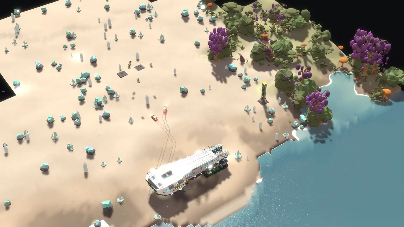 The colony ship on a shoreline beneath violet-canopied forest