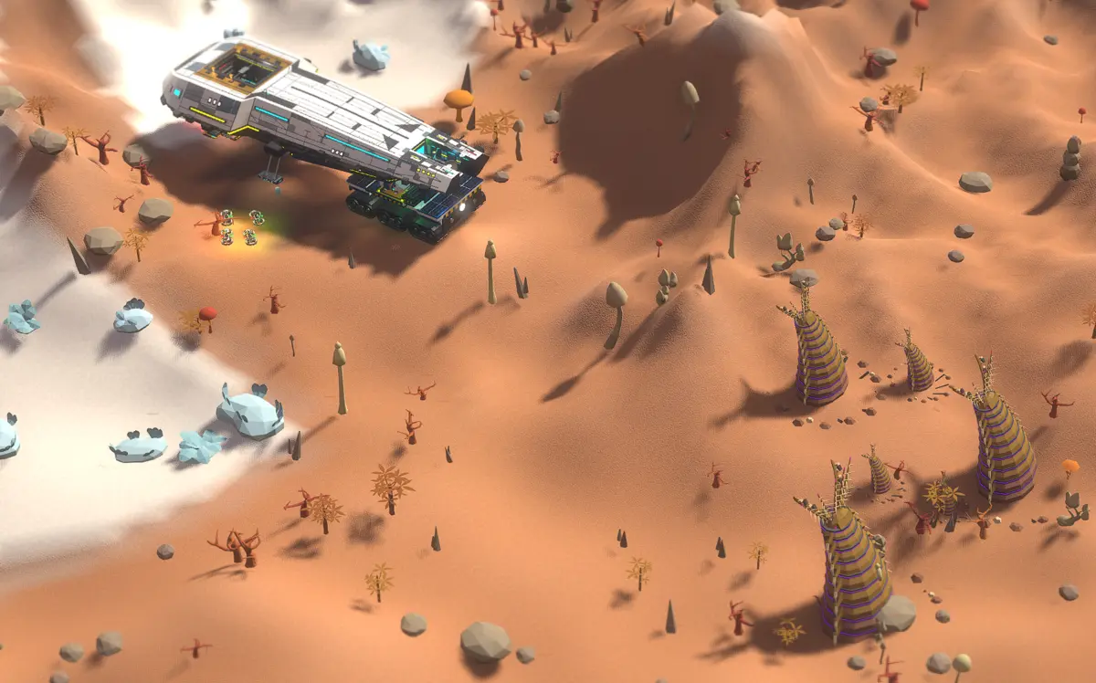 The colony ship crossing a snowbound biome dotted with spiral-banded trees