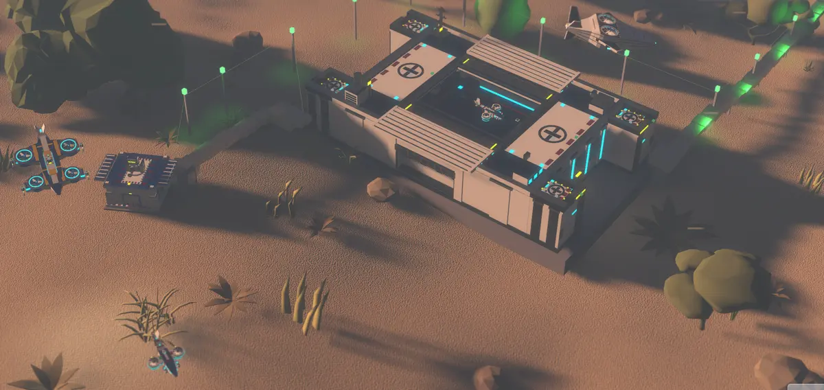 The spaceport landing complex with pads, service buildings and drones